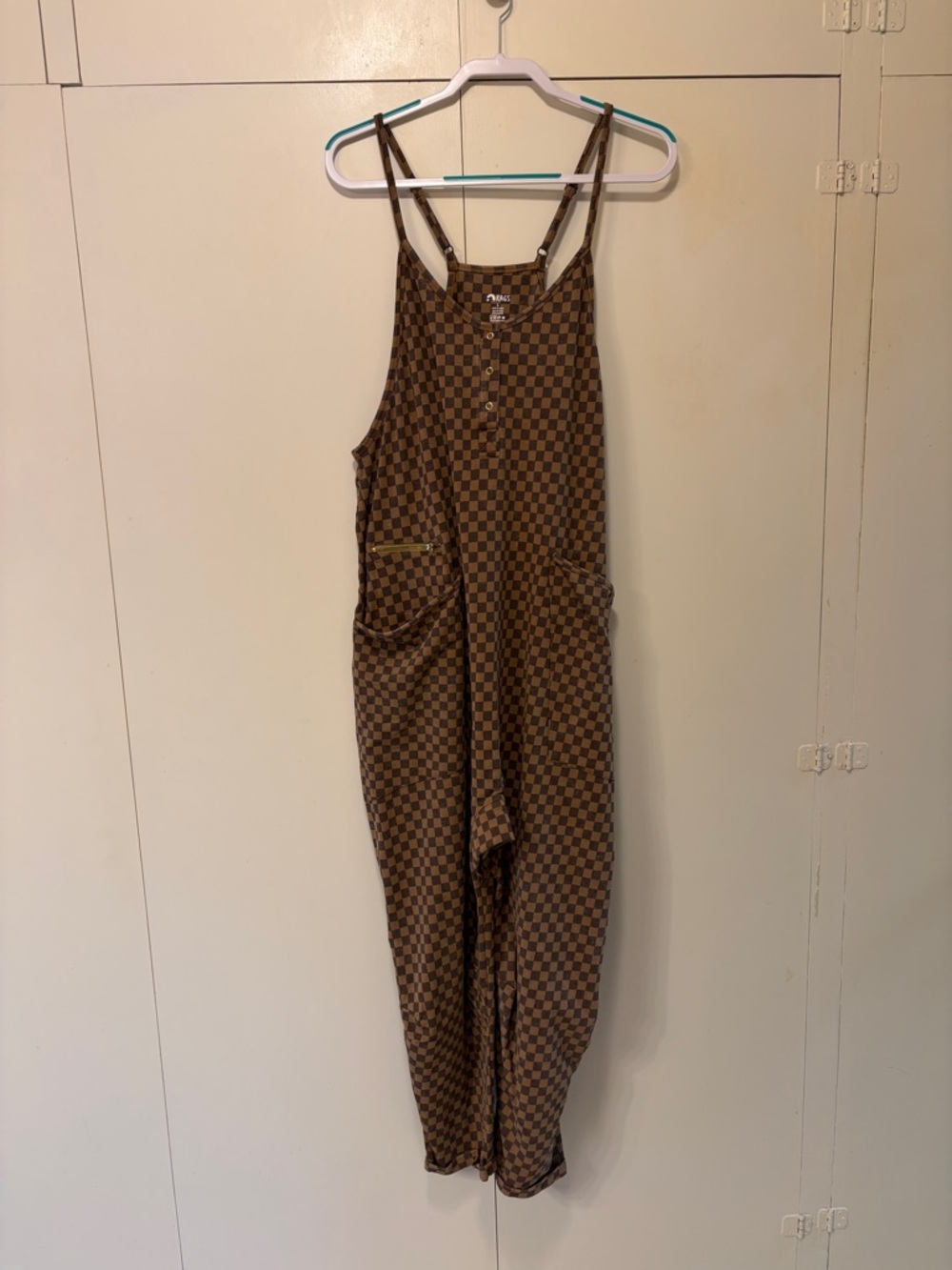 NWT Checkerboard Brown Women's Overalls Jumpsuit